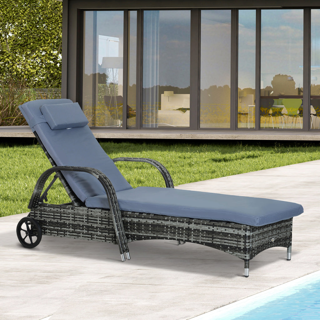 Gartenliege mit Auflage, verstellbare Rückenlehne, Metallgestell, Polyrattan, grau, 200 x 73 x 103 cm