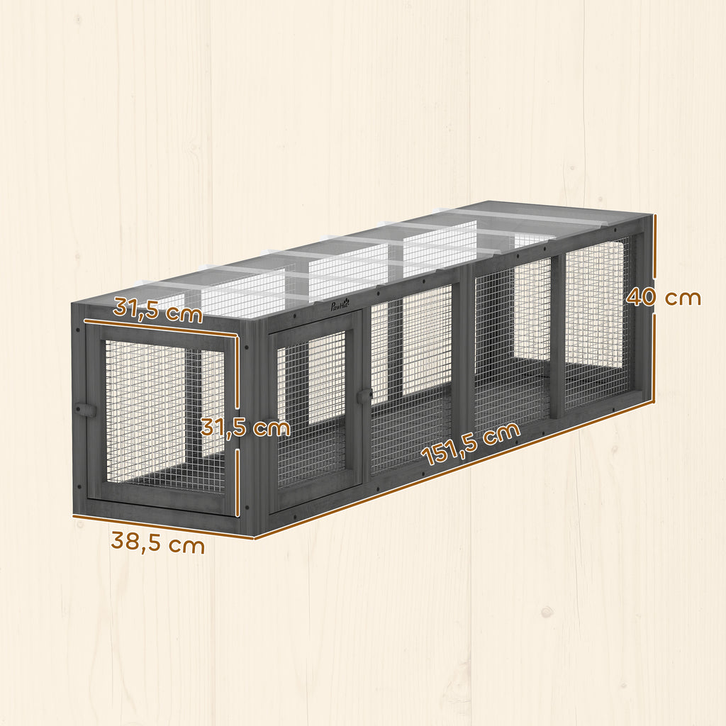 Katzentunnel Katzenspielzeug aus Holz mit 3 Türen, erweiterbar Spieltunnel für Katzen bis 10 kg, 151,5 x 38,5 cm Grau