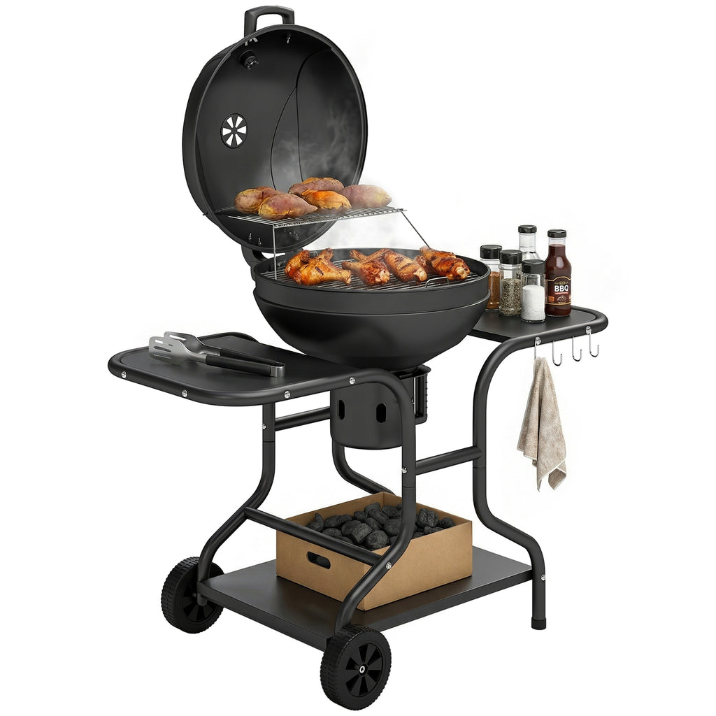 Holzkohlegrill BBQ Smoker mit Seitentischen Deckel Thermometer Räder 129 x 63,5 x 106,5 cm
