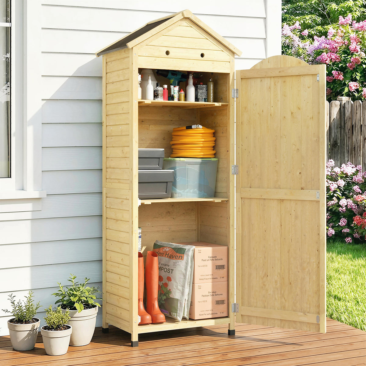 Gartenschrank Holz extra hohe Geräteschuppen mit verstellbar Ablage magnetisch Tür galvanisiert Dach Belüftung