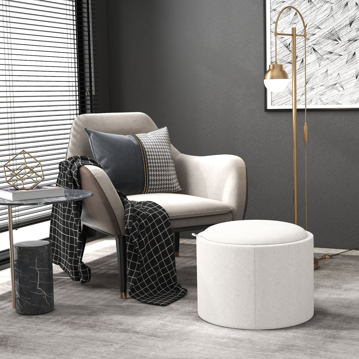 Hocker Polsterhocker, Leinen, versteckter Stauraum, umkehrbarer Deckel, 5 6cm x 56 cm x 42 cm, Creme + Natur