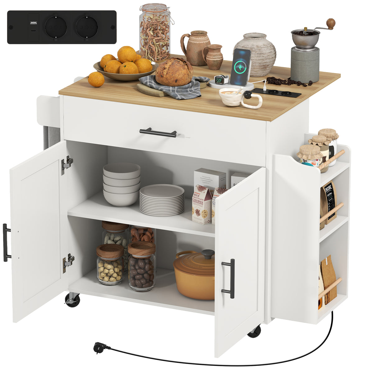 K¨¹cheninsel, K¨¹chenwagen auf Rollen, mit abklappbarer Arbeitsplatte, Schublade, Ablage, 120 x 68 x 85 cm, Wei?
