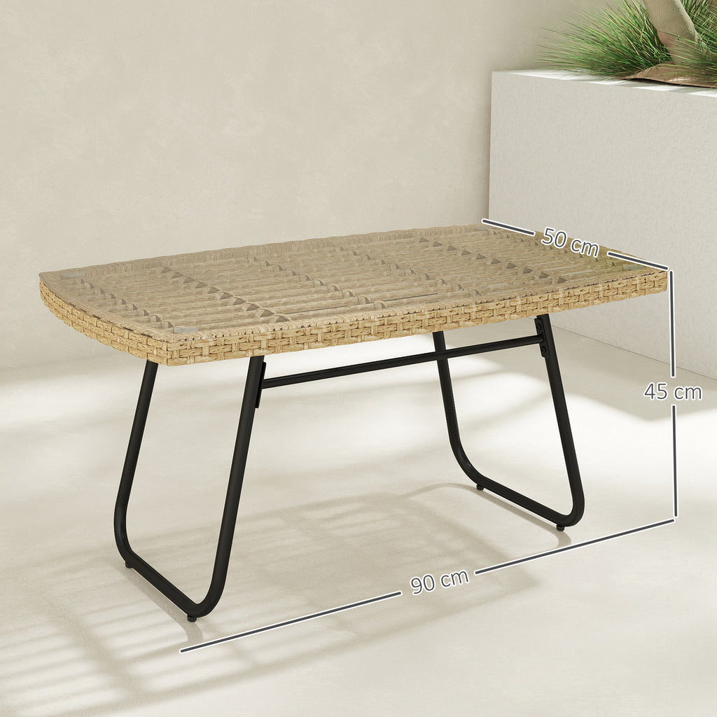 Polyrattan Gartentisch, 90 x 50 x 45 cm, UV-best?ndig Beistelltisch mit Glasplatte Naturholz