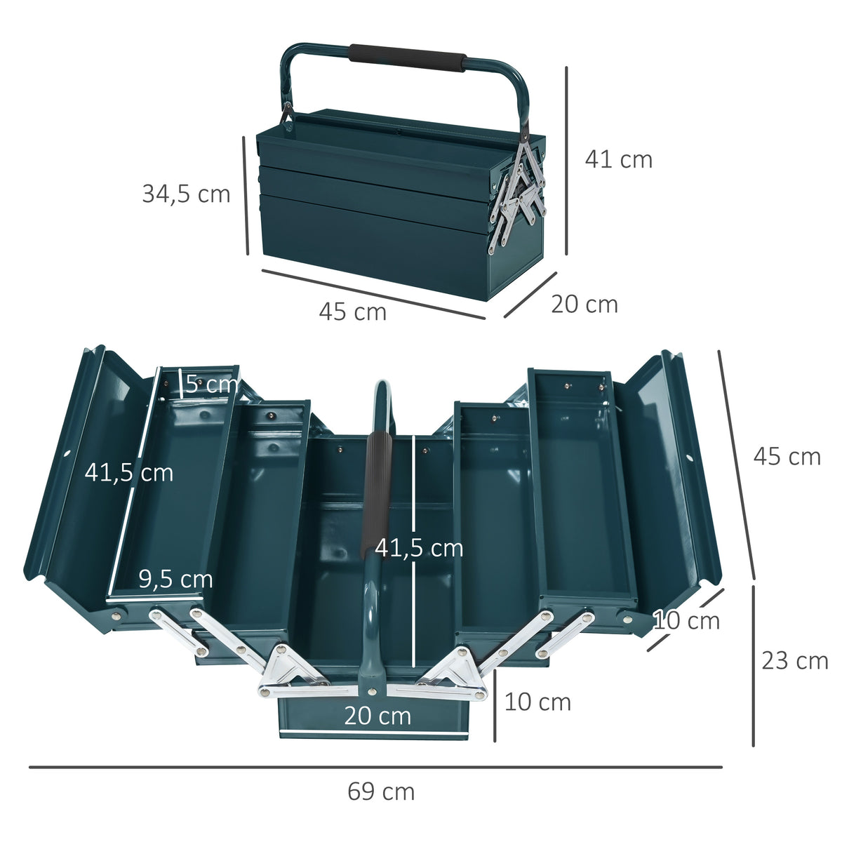 Werkzeugkasten Werkzeugkoffer Montage Werkzeugkiste leer platzsparend mit 5 F?cher aufklappbar stabil Stahl (SPCC) Dunkelgr¨¹n 45 x 20 x 34,5 cm