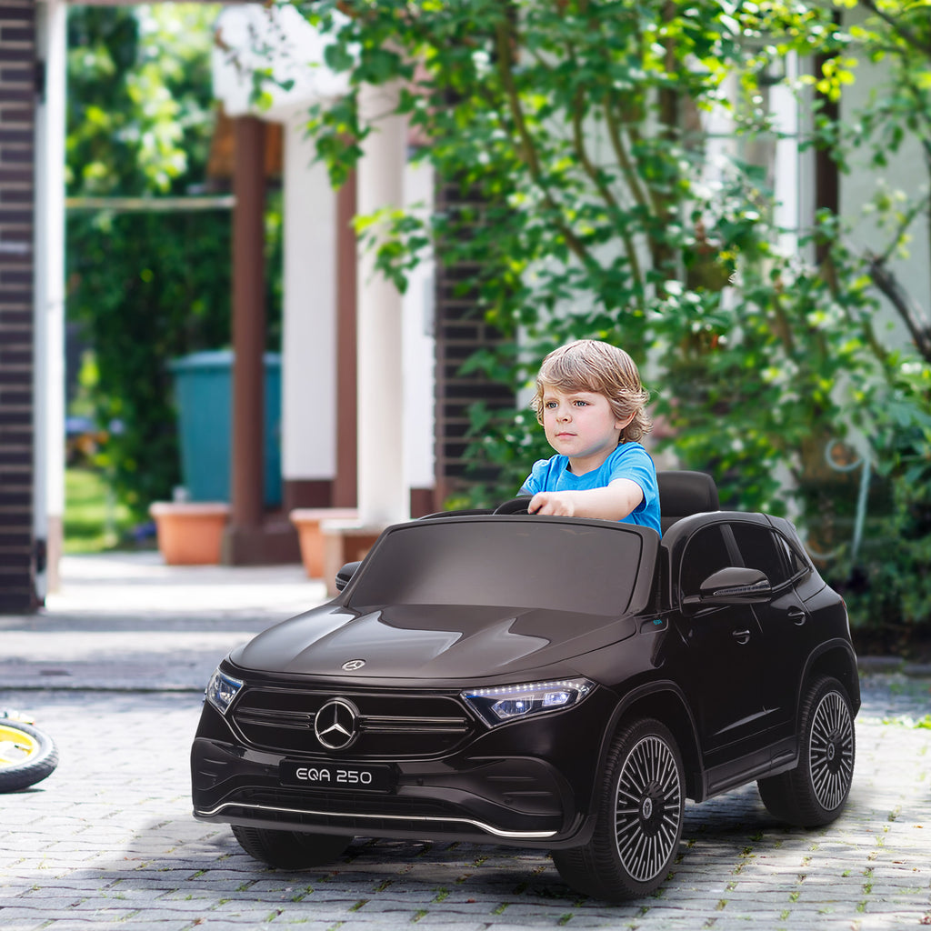 Elektro Kinderauto, lizenzierter Mercedes-Benz EQA, 3-8 km/h, Musik, Scheinwerfer, Hupe, Fernsteuerung, schwarz