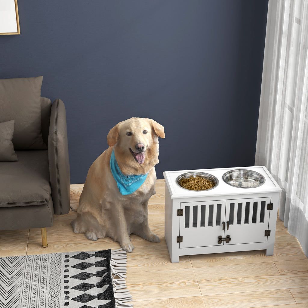 Raised Dog Bowls, Pet Feeding Station, with Storage, Food and Water Bowls, for Large Dogs - White
