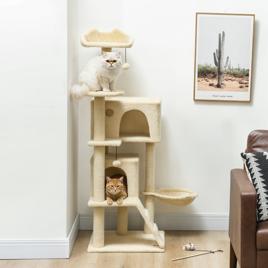 140cm Large Cat Tree Tower with Sisal Scratching Posts, Condos, Plush Perches, Hammock, Ladder, Beige