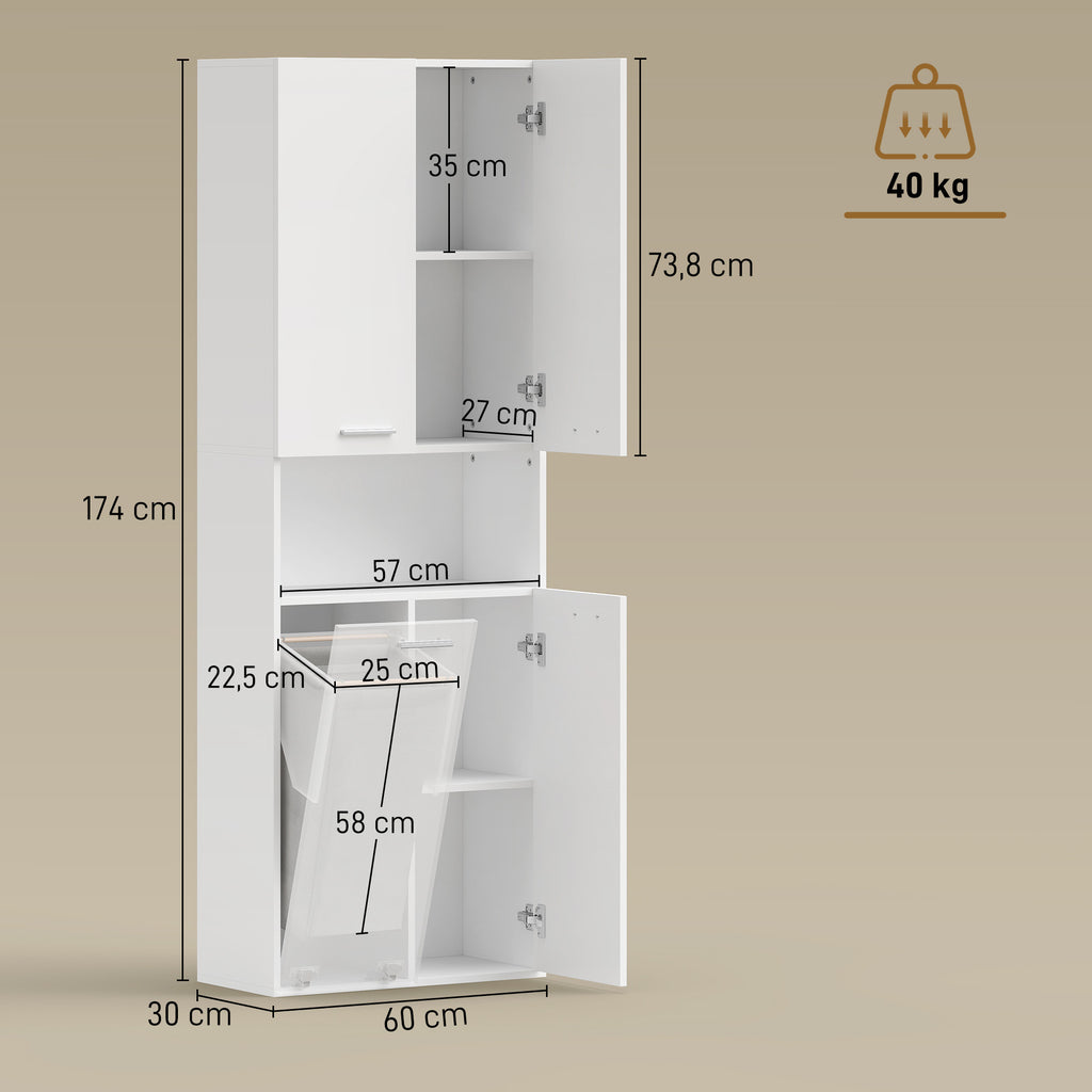 174 cm hoher Badezimmerschrank mit ausklappbarem Wäschekorb und Soft-Close-Türen, Weiß