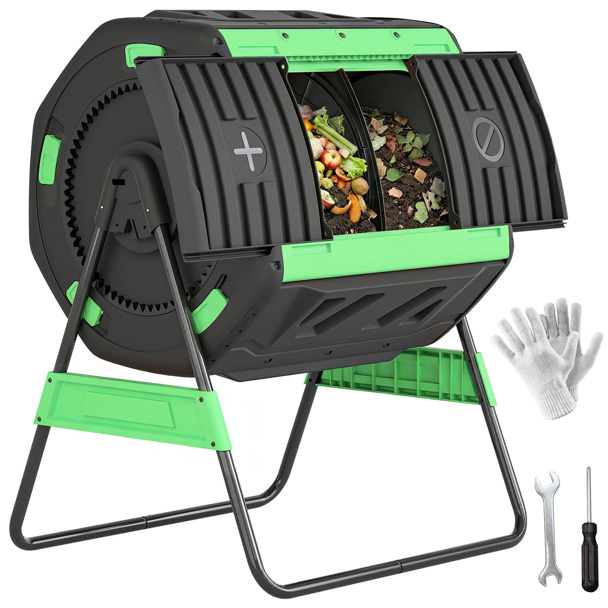 Garden Compost Bin, 200L Dual Chamber Tumbling Composter with Adjustable Vents, BPA Free Compost Tumbler, Green