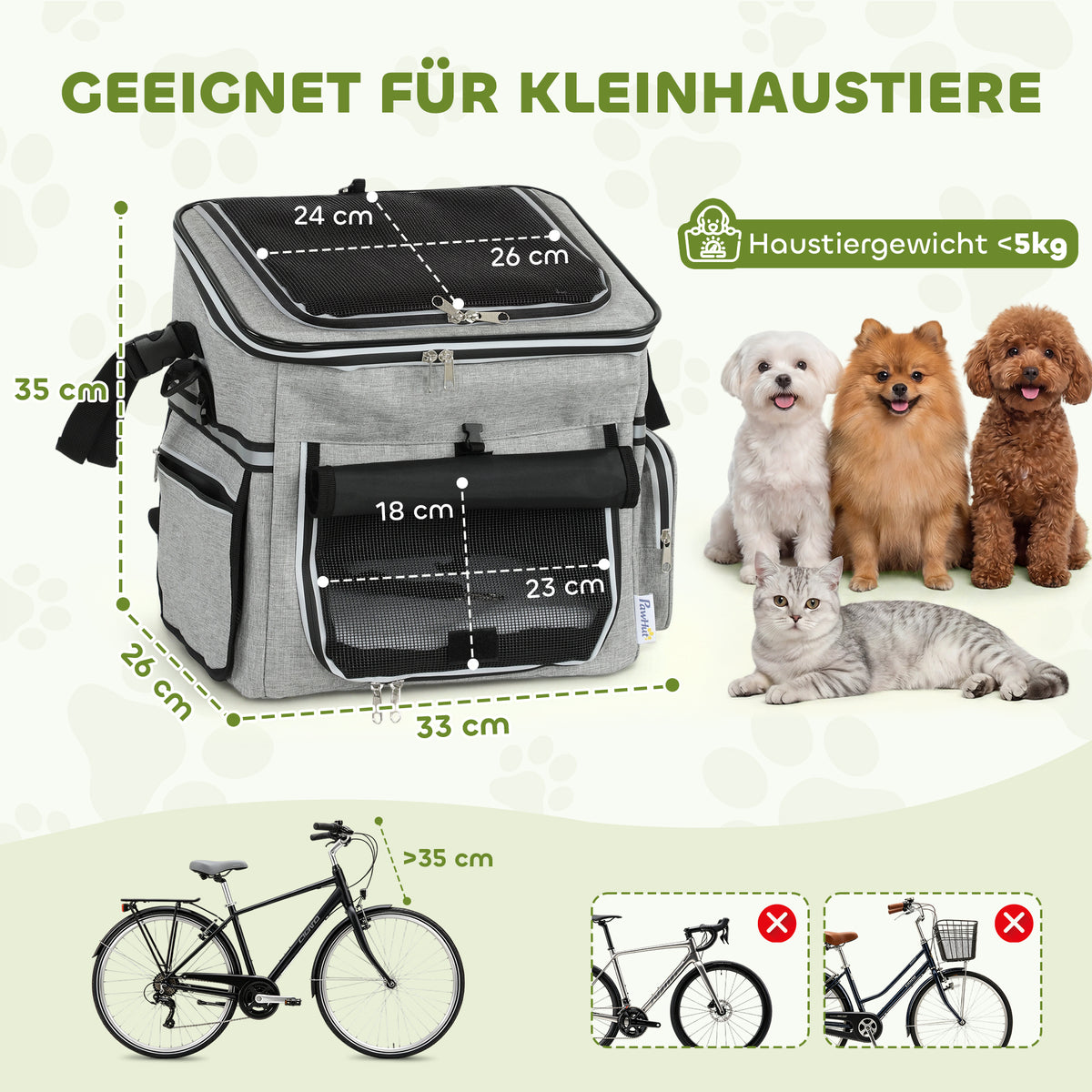 Hundekorb Fahrrad Vorne Tragbar Hundefahrradkorb mit Sicherheitsleine Kissen Schüssel für Kleine Hunde bis 5kg Hellgrau