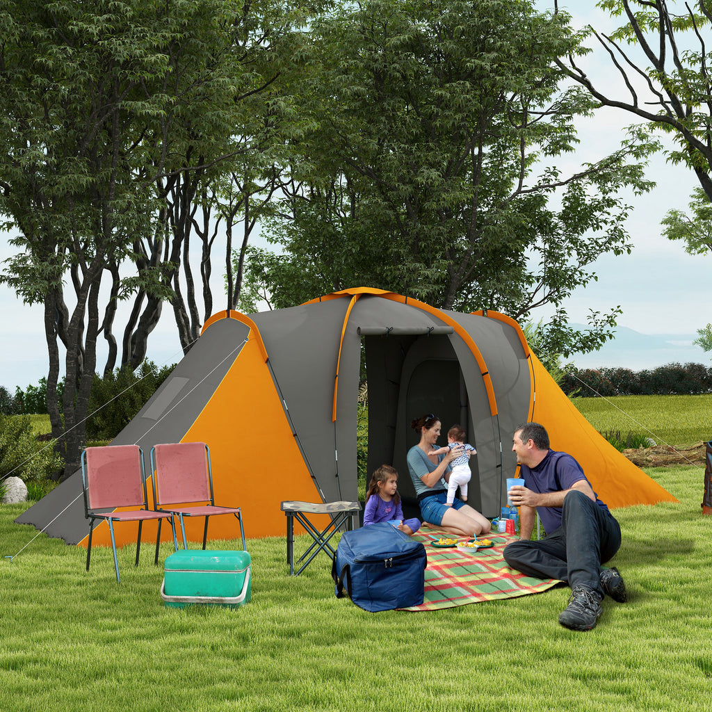 Large Camping Tent Tunnel Tent with 2 Bedroom and Living Area, 2000mm Waterproof, Portable with Bag for 4 Man, Orange