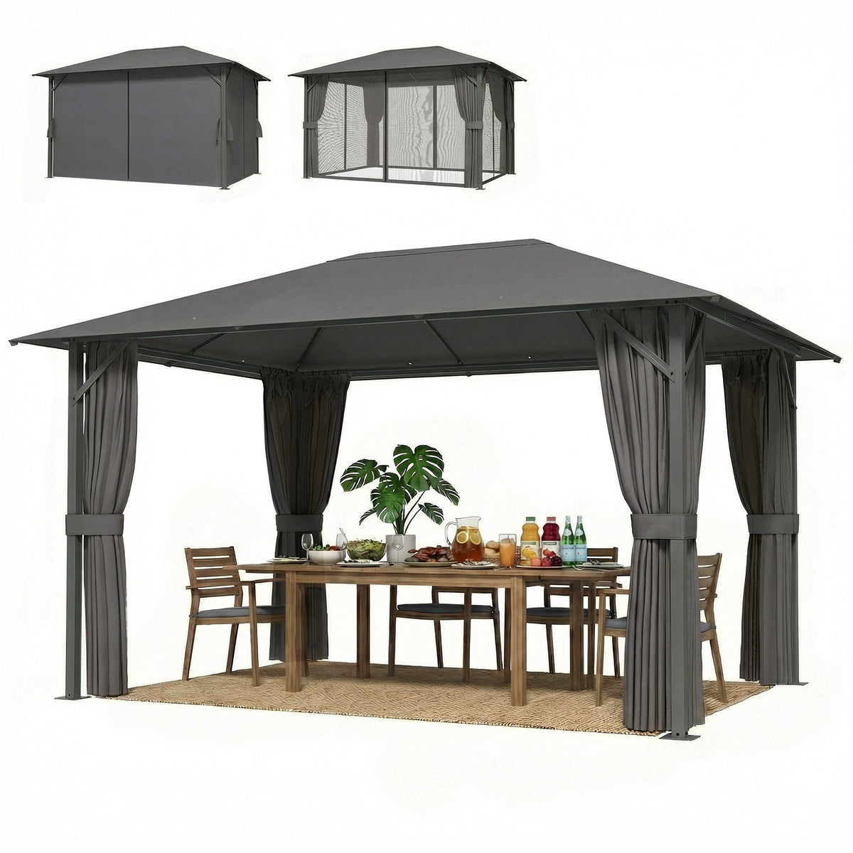 Pavillon ca. 4x3m Wasserabweisend Stabil Winterfest Gartenpavillon mit Moskitonetz 4 Seitenteile Lüftung Drainagelöchern