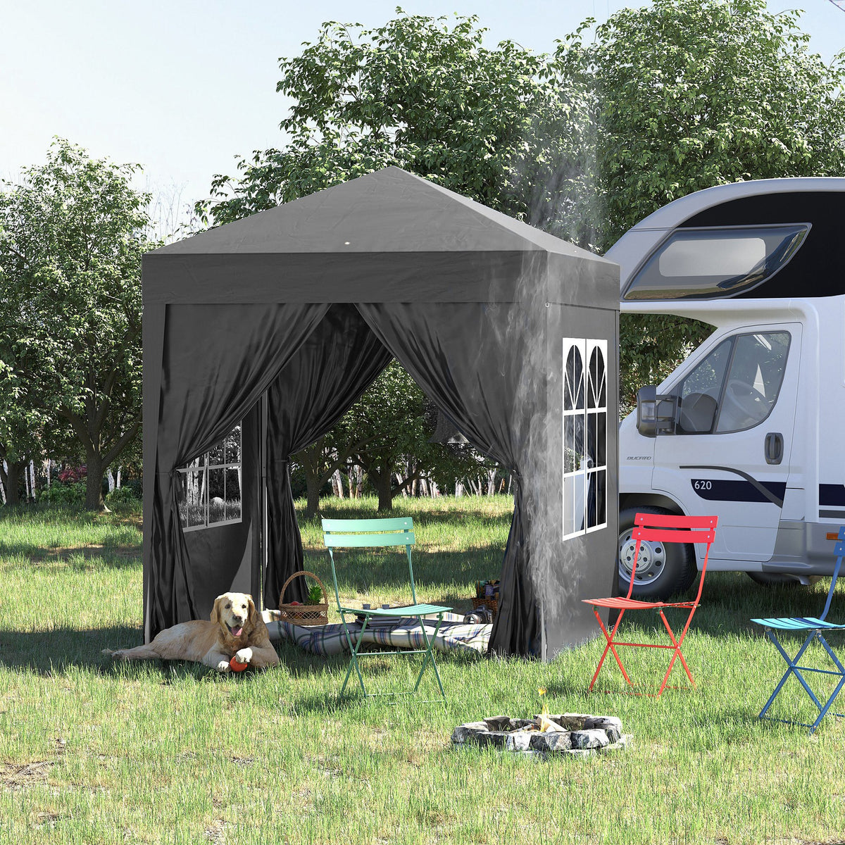 Faltpavillon, Bierzelt, 4 abnehmbare Seitenwände, 2 Fenster, Metallrahmen, 2 x 2m, Schwarz