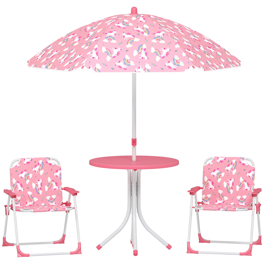 Kids Patio Table and Chair Set, Kids Garden Furniture with Umbrella, 4-Piece Bistro Set for Garden, Pink