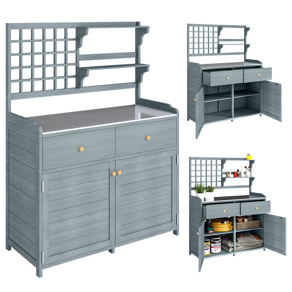 Pflanztisch mit Unterschrank Outdoor Holz Gartenschrank mit verzinkter Arbeitsplatte 2 Schubladen 104x44x140 cm Hellgrau