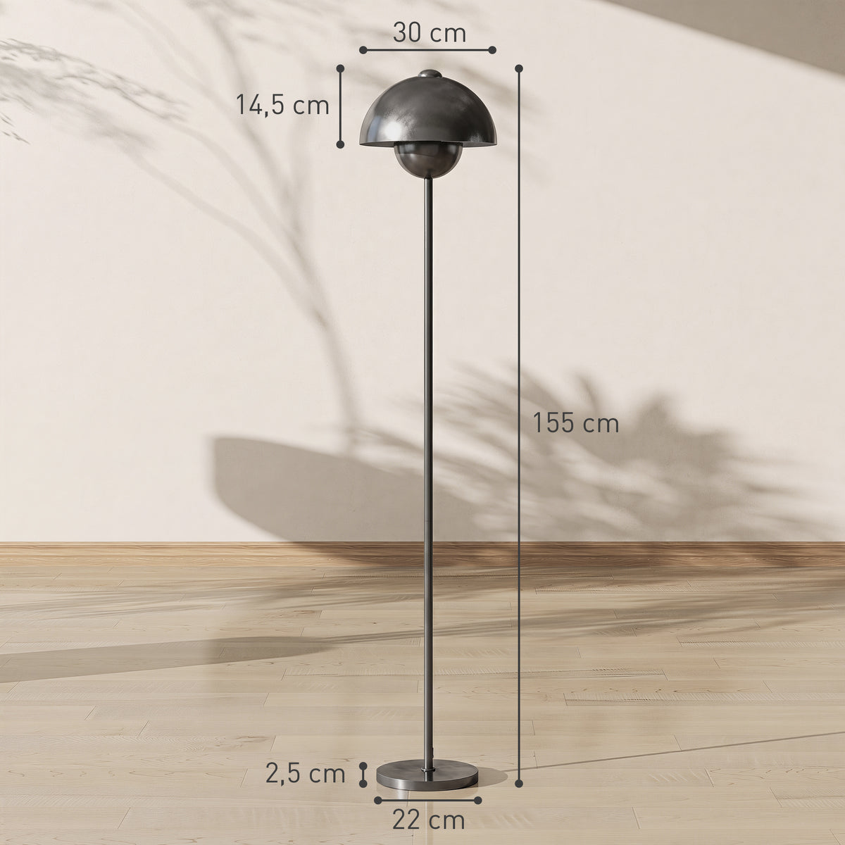 Stehlampe, runder Schirm, Fußschalter, langes Kabel, eleganter Look, Metall, Grau