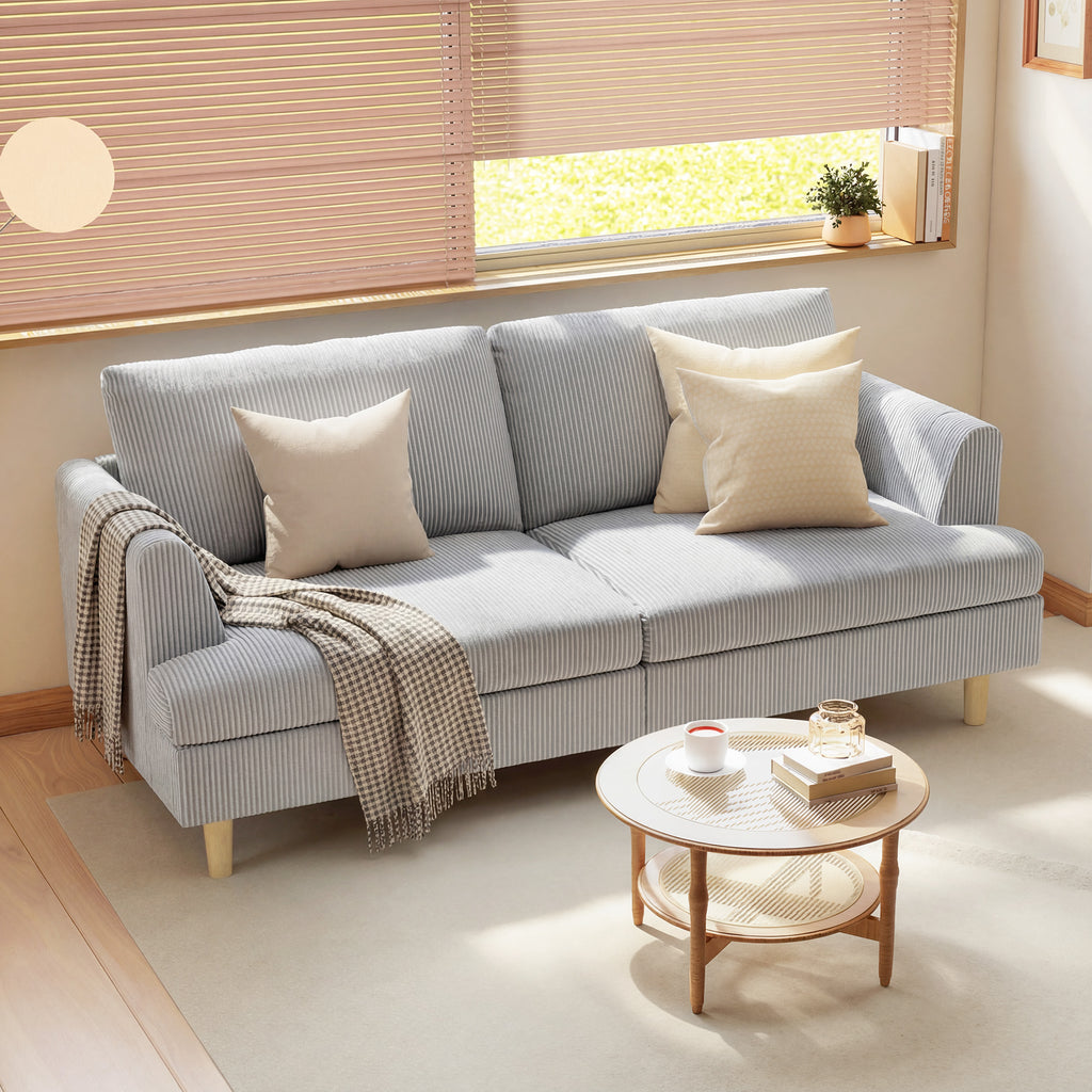 3-Sitzer-Sofa, Couch mit Armlehnen Gepolstert Polstersofa mit Kordoptik für Wohnzimmer Hellgrau
