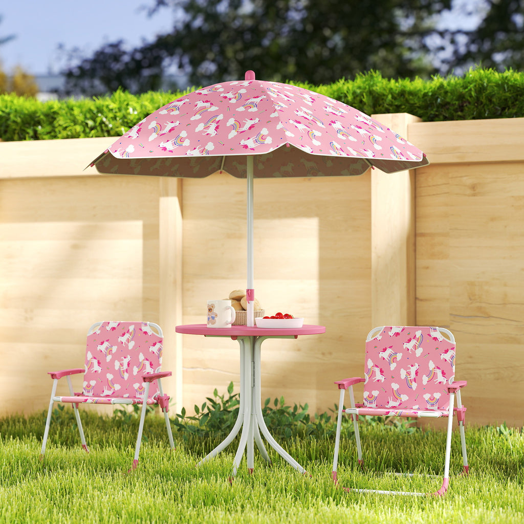 Kids Patio Table and Chair Set, Kids Garden Furniture with Umbrella, 4-Piece Bistro Set for Garden, Pink
