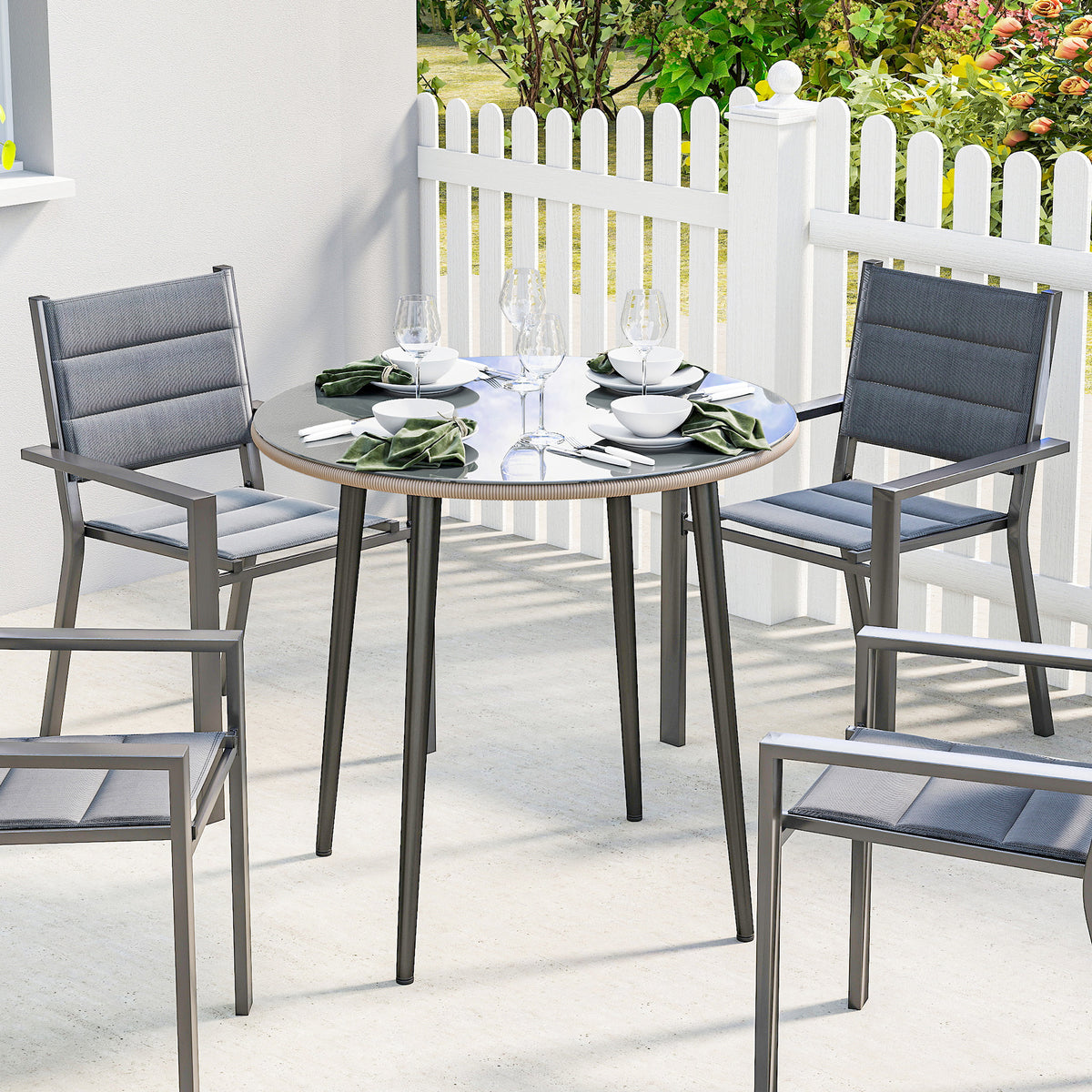 Gartentisch Stahl Buffettisch mit Stahlrahmen, PE-Rattan-Rand, verstellbaren Füßen, 4 Personen 80 x 80 x 74 cm Grau