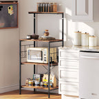 K¨¹chenregal, 4-stufiges Design, Arbeitsplatte, 8 Haken, Metallrohre, Braun+Schwarz