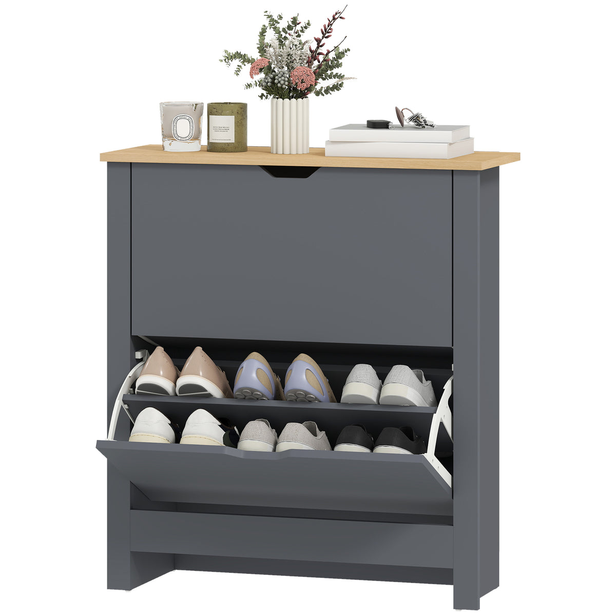 Schuhschrank mit 2 Klappfächern, verstellbar Trennwand für 8-12 Paar Schuhe, 72 x 26 x 80 cm, Dunkelgrau