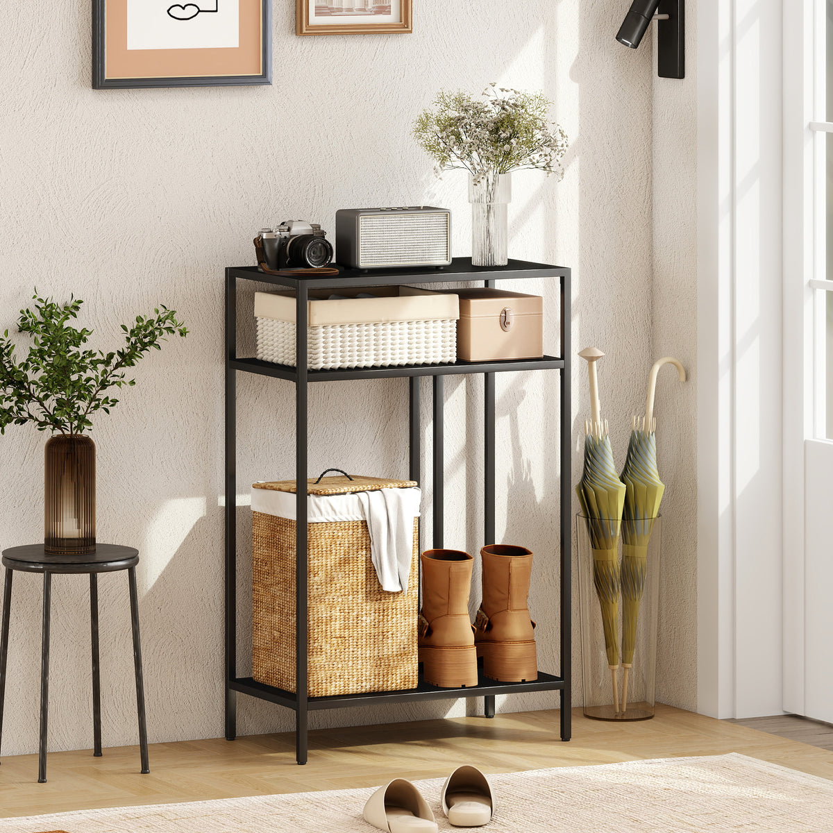 Konsolentisch 3-stufige Ablagen Schmaler Eingangsbereichstisch Stahlrahmen für Wohnzimmer Flur 55 cm Schwarz