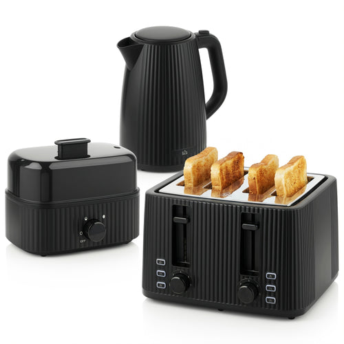 1,7L Schnellkoch-Wasserkocher und 4-Scheiben-Toaster-Set, Eierkocher für 6 Eier mit Kontrollleuchte Schwarz