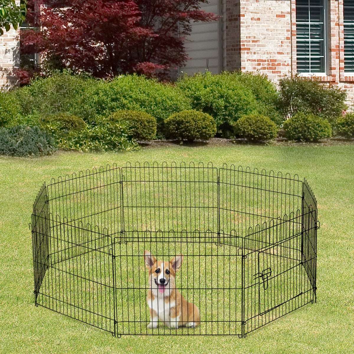 Welpenlaufstall 8-TLG Welpenauslauf mit 8 Gitterplatten Tür Schutzplane Freilaufgehege 61cm hoch Welpengitter Laufstall für Haustiere Hund Katze Welpe Laufgitter für drinnen und draußen