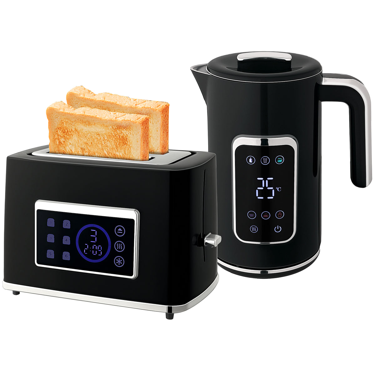 Wasserkocher und Toaster-Set mit LED-Touchscreen, 1,7 L, 2 Toasterschlitze, verschiedene Modi und Funktionen, Schwarz