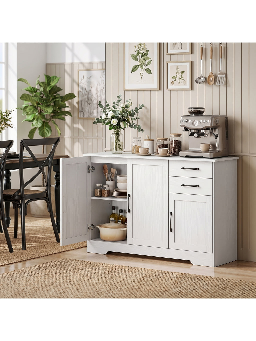 Sideboard Küchenschrank mit Soft-Close-Türen, 2 Schubladen, Weiß