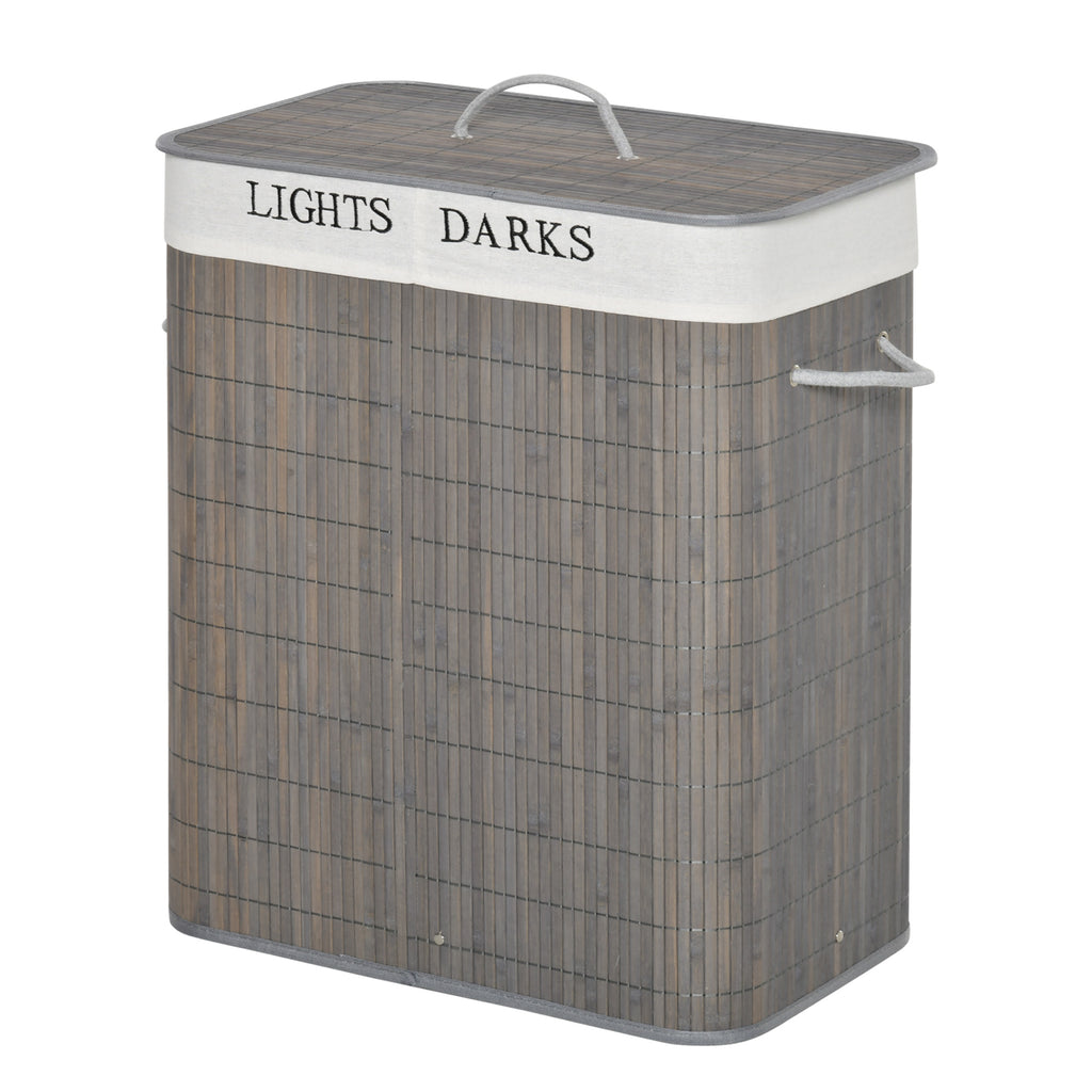 100L Laundry Basket with Lid String Handles, 2 Section Collapsible Hamper Removable Lining Foldable Water-Resistant Dirty Clothes Storage, Grey