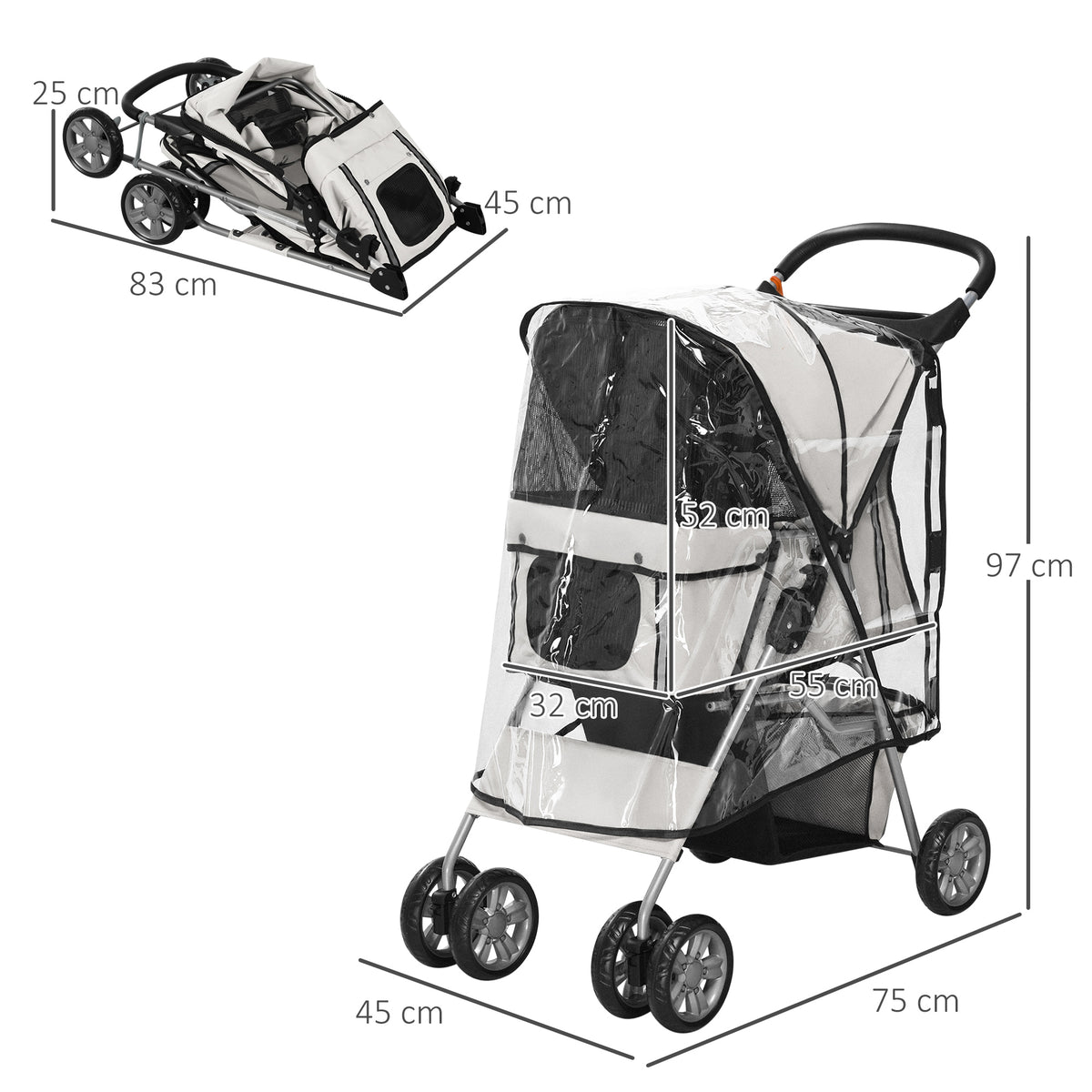  Haustierbuggy, faltbar, mit 1 Korb, 2 Becherhalter, 75 cm x 45 cm x 97 cm, Grau