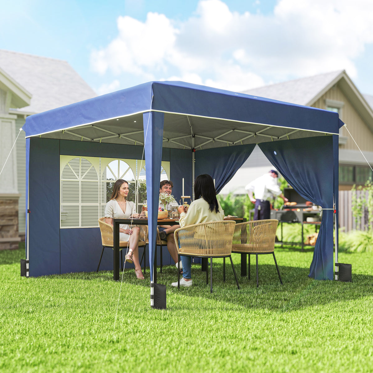 Pavillon 3 x3 m Wasserdicht höhenverstellbar Pop-up Faltpavillon mit 2 Seitenteilen, UV 50+ Faltbar Dunkelblau