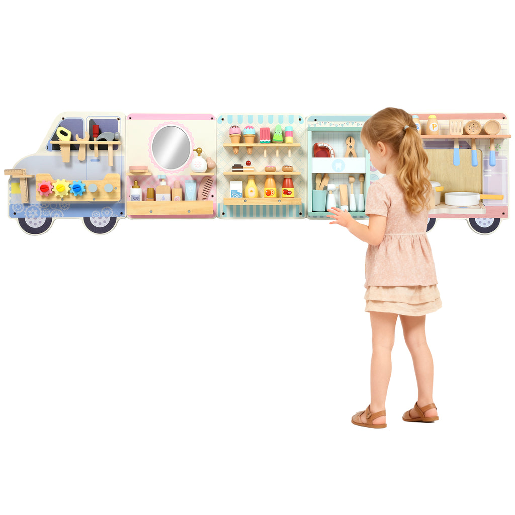 Wooden Busy Board, 5 in 1 Activity Wall Panels for Kids 3+ Years, for Daycare, Playroom, Home