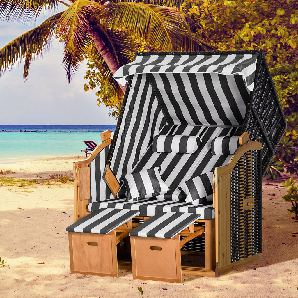 Strandkorb mit Fu?st¨¹tzen, Klapptisch und Nackenrollen, Outdoorm?bel, Natur + Grau + Wei?