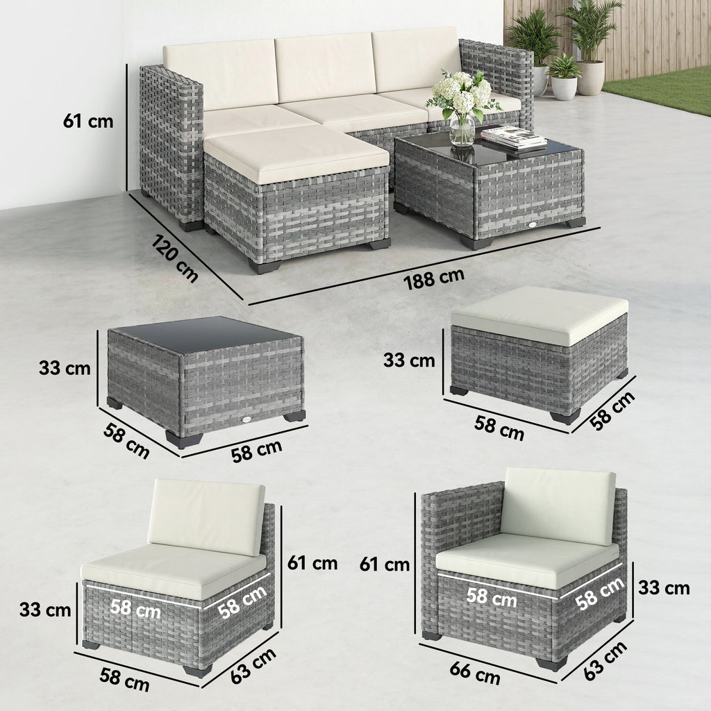 Polyrattan Gartenmöbel Set 5-teilig, Lounge Set mit Ecksofa Hocker Tisch Sitz- & Rückenkissen Grau+Cremeweiß