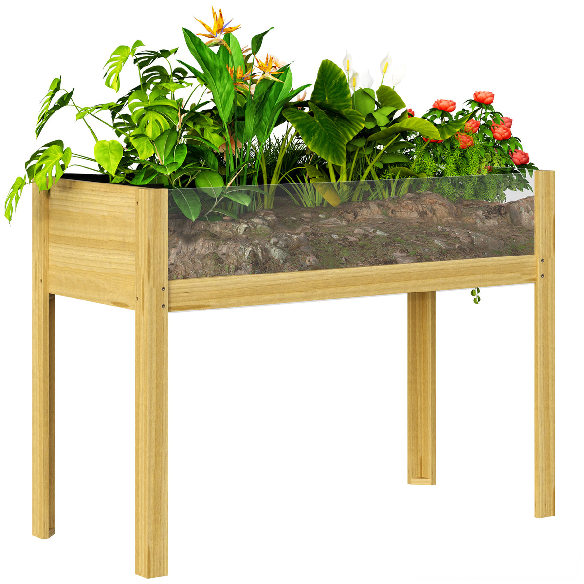 Hochbeet, Holz-Pflanzbox mit Acrylplatten an zwei Seiten, f¨¹r 118 L Erde, Wasserabflussl?cher, 110 x 50 x 80 cm