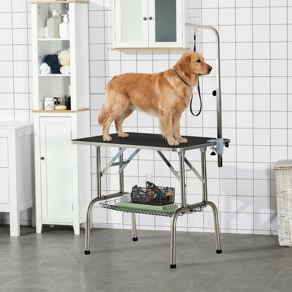 Trimmtisch für Hunde Hundepflegetisch klappbar, Haustierpflegetisch mit höhenverstellbarem Galgen, Schlingen, Netzkorb, Schertisch bis 150 kg, 90 x 60 x 75 cm, Schwarz