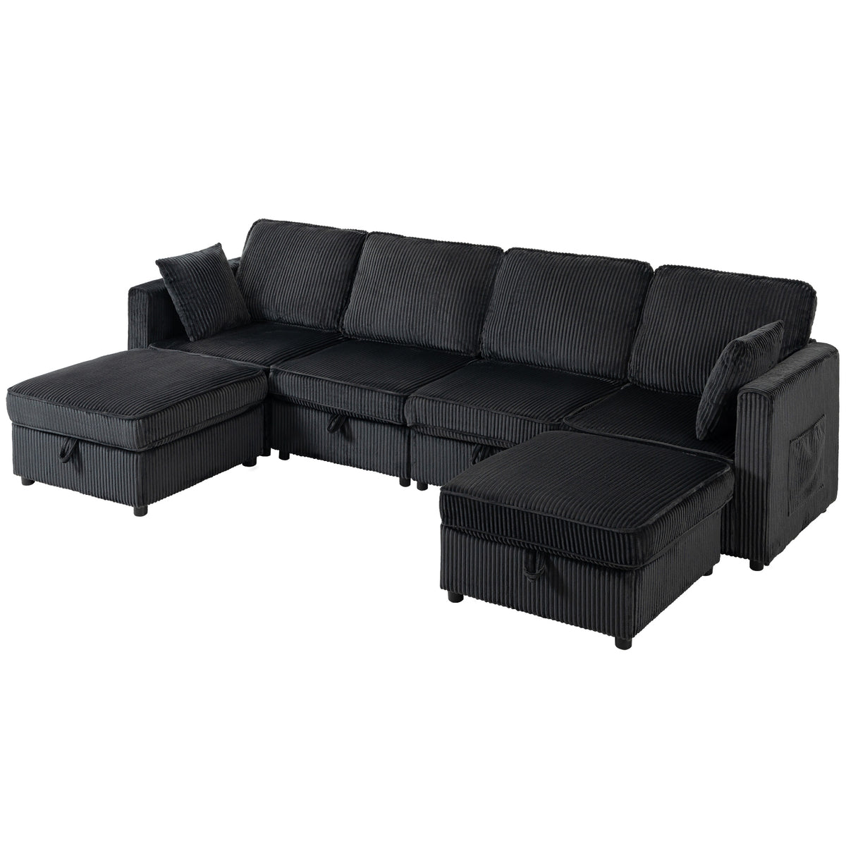 Ecksofa 4-Sitzer U-Form Sofa mit Stauraum-Ottomane, 306 cm Eckcouch mit Cord-Optik, 4 Kissen, für Wohnzimmer