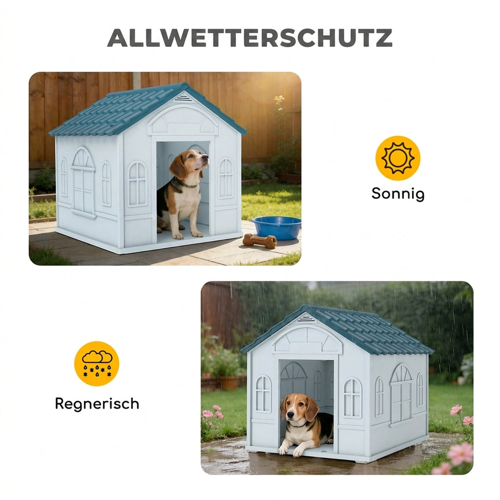 Plastic Weather-Resistant Dog House, for Indoors and Outdoors, Medium Dogs - White and Blue