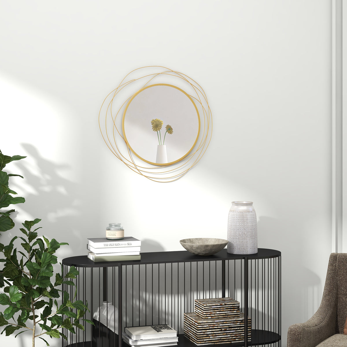 Metal Wall Art 65cm Modern Decorative Mirror Decor for Living Room Bedroom Dining Room, Gold Tone