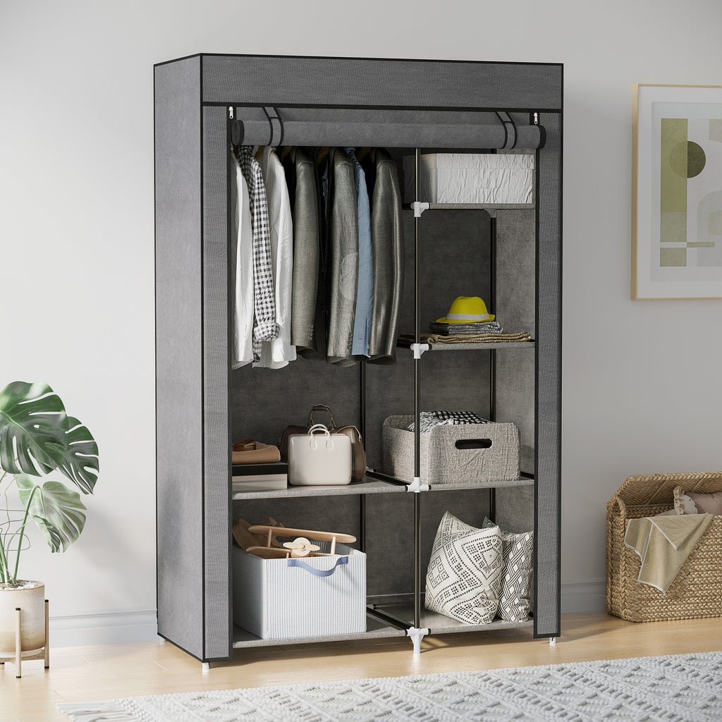 Fabric Wardrobe w/ Shelves Hanging Rail Foldable Wardrobe Dark Grey