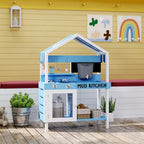 Kids Mud Kitchen Outdoor with Stoves, Sink, Faucet, Storage Shelves, Cookware Accessories for Boys Girls, Blue