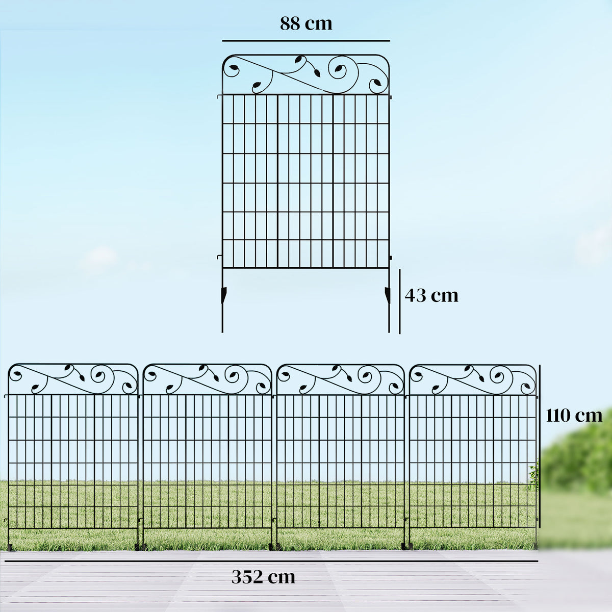 Gartenzaun Gitterzaun Zaun, Vintage-Design, wetterbeständig, 3,52 x 1,1m, Schwarz
