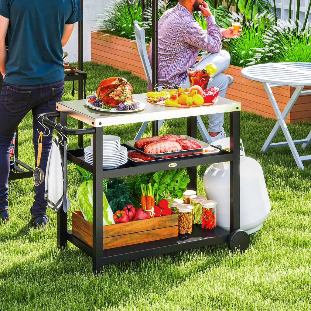 Outdoor Grill Dining Cart 3-Shelf Movable Pizza Oven Table Stand with Stainless Steel Top, Portable BBQ Trolley Food Prep Outdoor Kitchen Barbecue Station with Hooks Wheels, Charcoal Grey