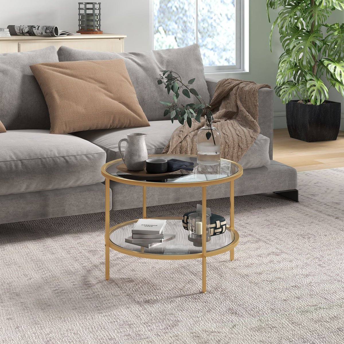 Beistelltisch, modernes Design, 2 Etagen, ?60x43H cm, Goldton