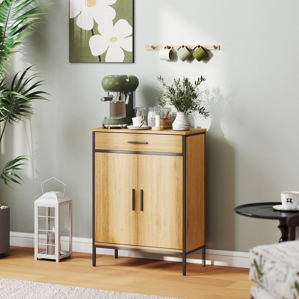 Badezimmerschrank, zweistufige Regale, gro?e Schublade, Industriestil, Eichenoptik