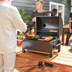 Kohlegrill mit Deckel, Warmhalterost, Aschefach, Thermometer, rostfrei, 67 x 53 x 55cm, Schwarz/Rot