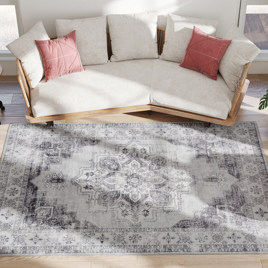 Vintage Area Rug, Non-Slip Washable Rug, Flannel Floor Carpet for Living Room, Bedroom, Dining Room, Home Office, 230 x 160 cm, Grey