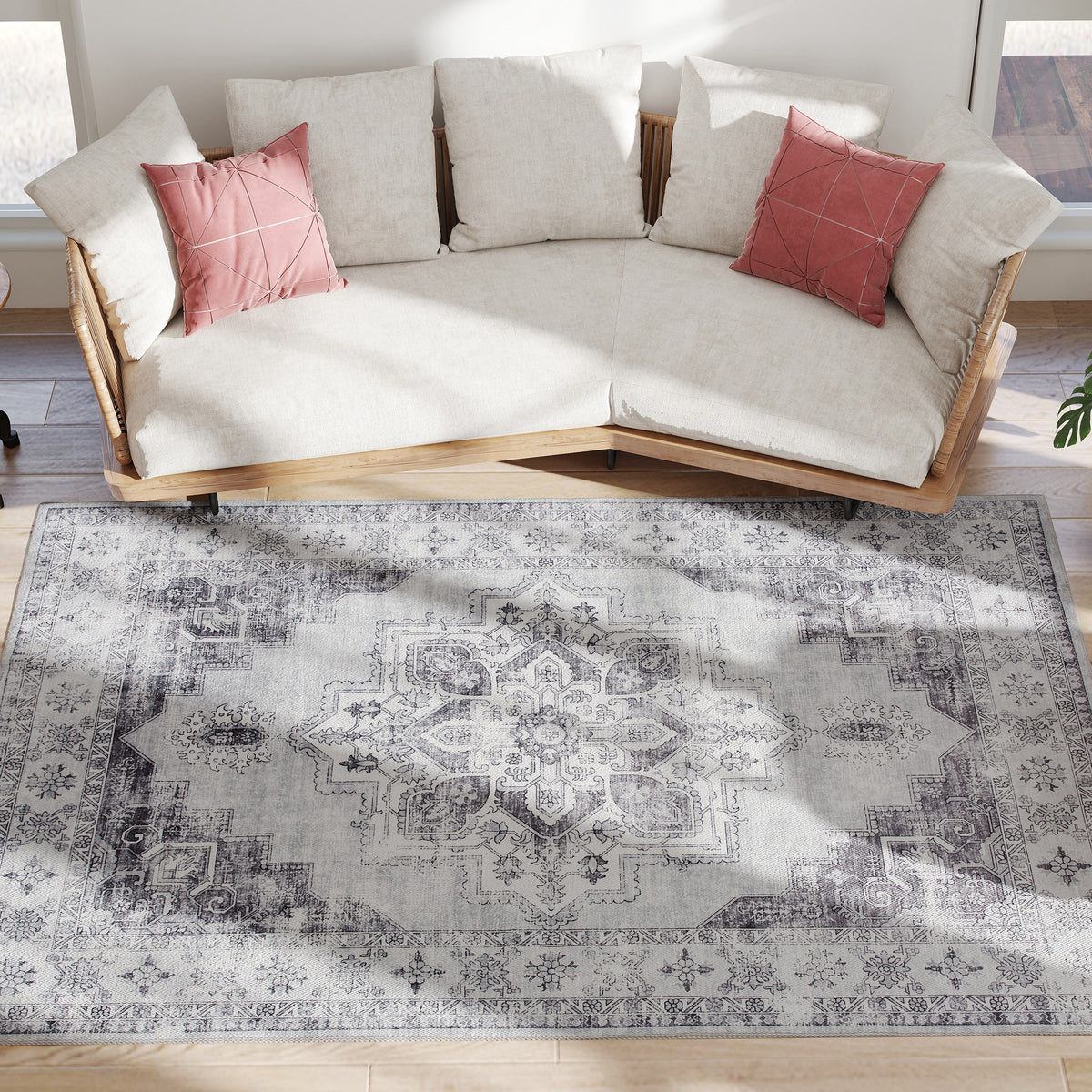 Vintage Area Rug, Non-Slip Washable Rug, Flannel Floor Carpet for Living Room, Bedroom, Dining Room, Home Office, 230 x 160 cm, Grey